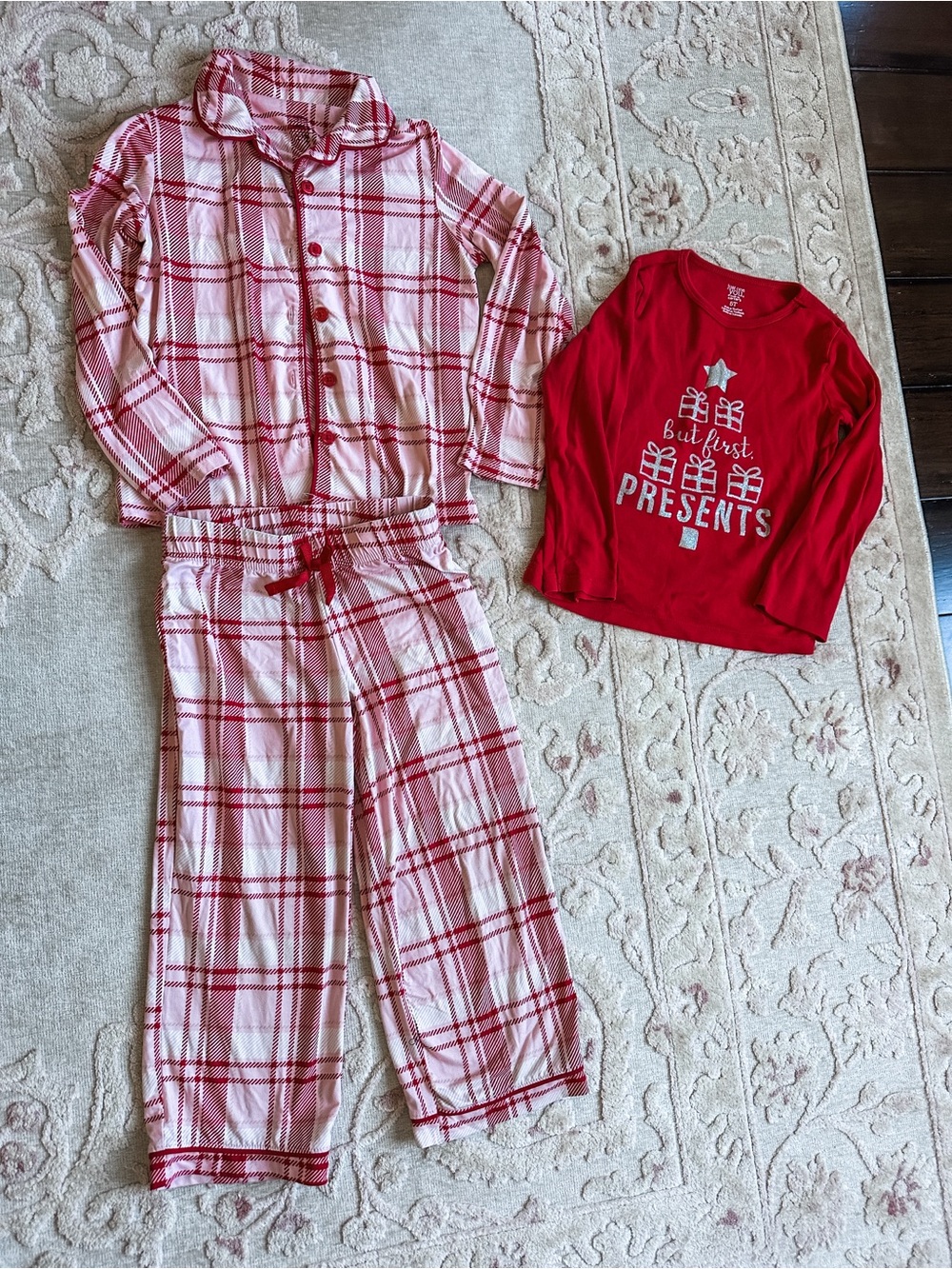 Girls Red Plaid Pajama Set and Christmas T-Shirt